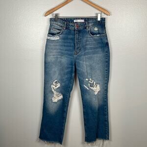 Zara High Rise cropped Raw Hem distressed medium wash rigid denim size 6